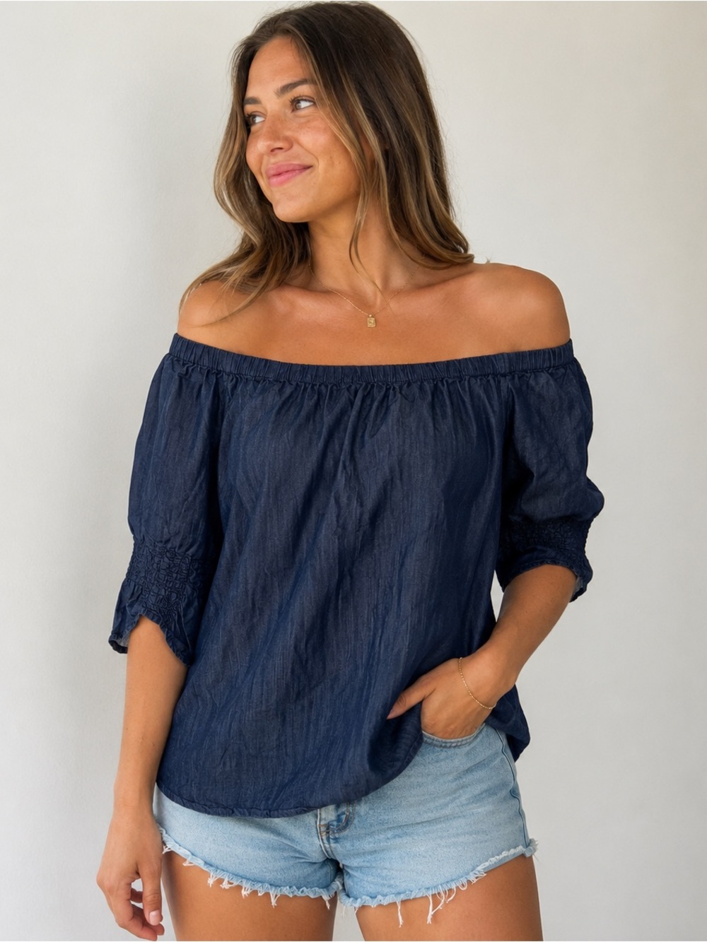 Umgee‎ Navy Off Shoulder Cotton Peasant Blouse Size M Boho